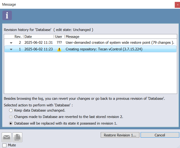 How to restore the database to a previous version vControl IMAGE 4