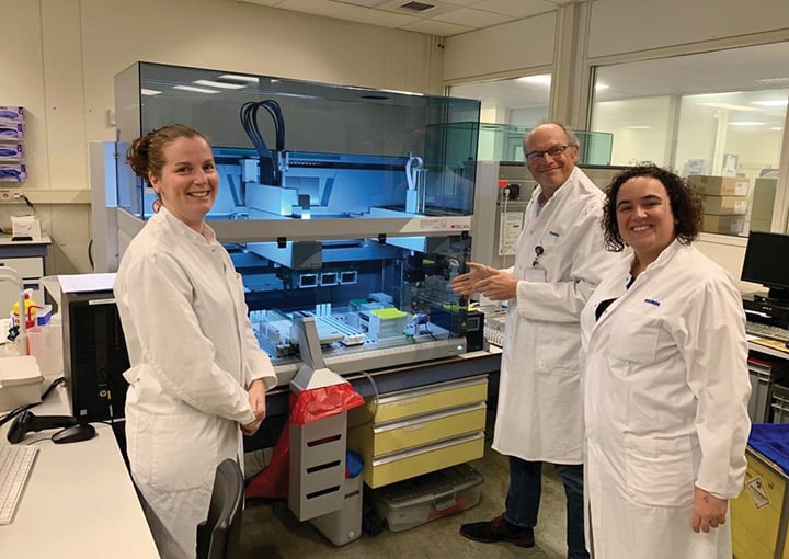 Lieke Donders (left), Jeroen van de Bovenkamp (center) and Inge Briels are reaping the benefits of automated genomics workflows 