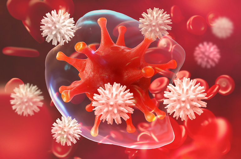 Leukocytes attacking COVID-19 virus particle